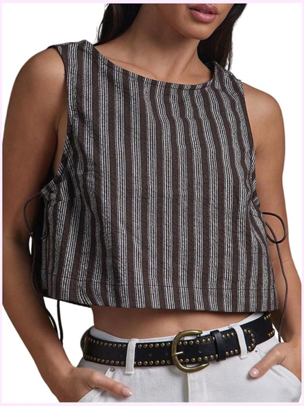 Striped Crew Neck Tank Top Tie Side Crop Top Sleeveless Summer Top